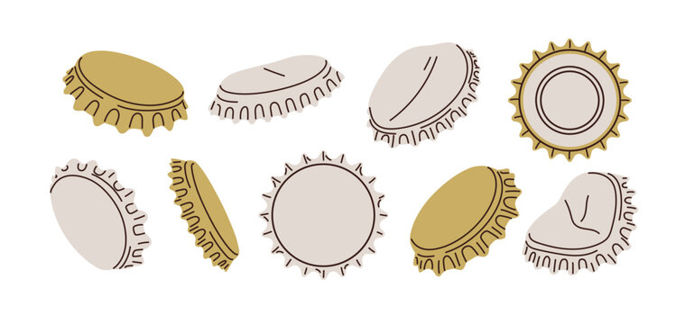 Metal bottle caps set. Metallic circle lids, round crowned beer corks. Chrome and gold plug, cover views from back, front sides. Realistic flat graphic vector illustration isolated on white background