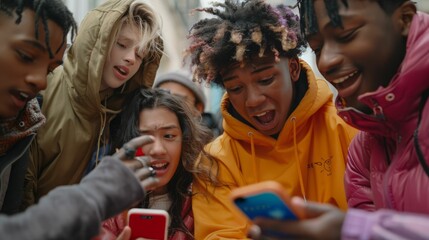A group of diverse young friends gather around a smartphone, laughing and enjoying each other's company.