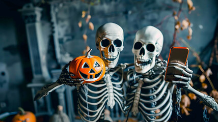 Two scary old bony skeletons take a selfie photo on their phone, hold an orange Halloween pumpkin, against the background of an ancient abandoned castle