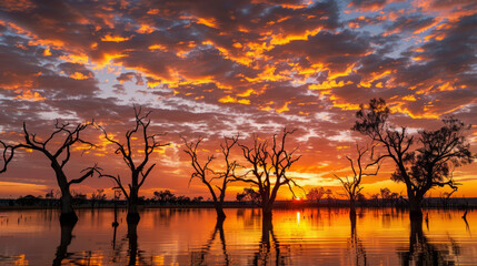 Naklejka premium Stunning sunset over Australian lake with bare trees and colorful sky