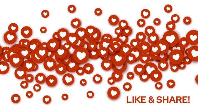 Get More Likes. Like and Share. Social Media Red Heart Like Icons Floating on White Background Design for Web App, Analytics, Promotion, Marketing, SMM, SEO. Vector Illustration.