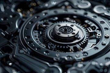 Intricate Futuristic Machinery Motif with Detailed Mechanical Components in Black Metal and Chrome