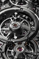 Naklejka premium Intricately Crafted Clockwork Mechanism in High-Contrast Metallic Tones