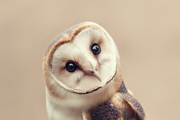 Beautiful young white owl tilting its head, seemingly curious about something in its environment. The blurred background emphasizes the bird