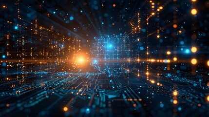 Futuristic digital technology background displaying artificial intelligence, data networks, and advanced computing. Ideal for tech concepts and innovations.