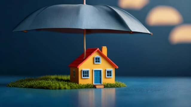 House figure under umbrella, property safety and insurance concept on isolated blue background