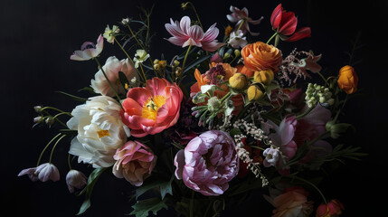 Bouquet of blossoming flowers against a dark background
