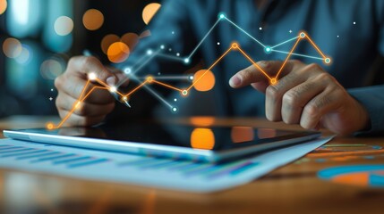 Businessman analyzing data on digital tablet with futuristic virtual interface displaying charts and graphs. Modern technology in finance.
