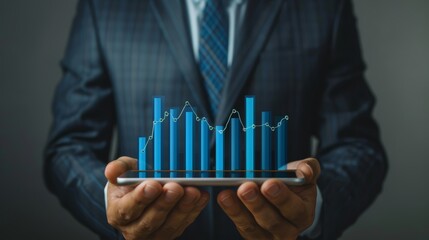 Businessman holding digital financial graph. Concept of data analysis, financial growth, and business success in a digital world.