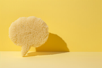 Plushie speech bubble on a yellow background with copy space. Unique message icon made of plush or felt.