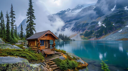 Mountain cabin by turquoise lake in Kokanee Glacier Park