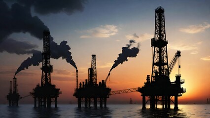 Obraz premium Oil platforms with sunset