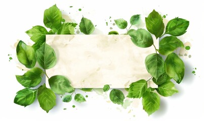 Colorful watercolor paint splashes with painted leaves frame with copyspace for your text