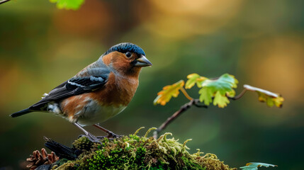 Chaffinch bird perched on mossy branch in Scotland