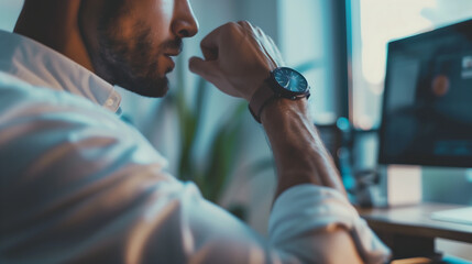 business man in a white shirt looking at his watch while sitting near a computer, in an office background