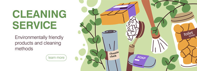 Eco cleaning service, web banner. Green eco-friendly household products, natural ecological supplies, website design. Bio organic sustainable detergents, online background. Flat vector illustration