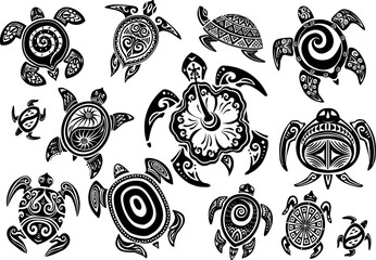 Sit of Decorative turtles in Maori tattoo style