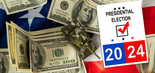 American vote concept. Ballot for presidents election 2024 and many dollar banknotes 