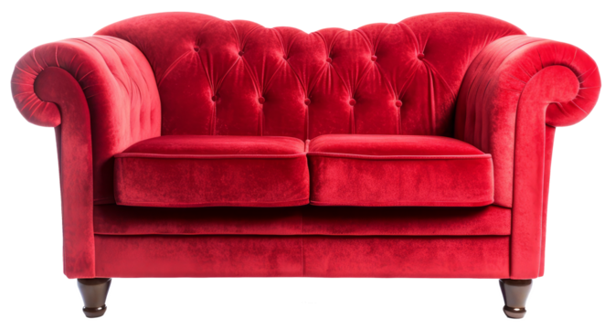Red sofa in frontal view isolated on transparent background. 