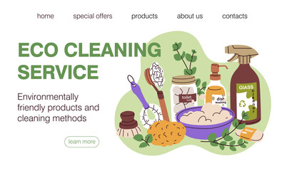 Eco cleaning service, web site with green organic cleaner products. Website design, ecological webpage background. Natural zero-waste supplies, online page template. Flat vector illustration