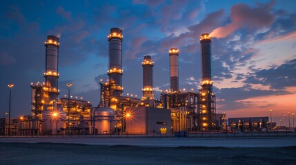 Fototapeta premium A long exposure photo capturing the bustling activity around a gas turbine power plant at dusk