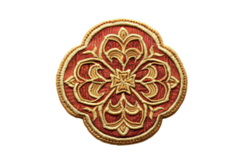 Intricate red and gold floral embroidery design. Decorative patterned textile art featuring detailed craftsmanship and elegance.