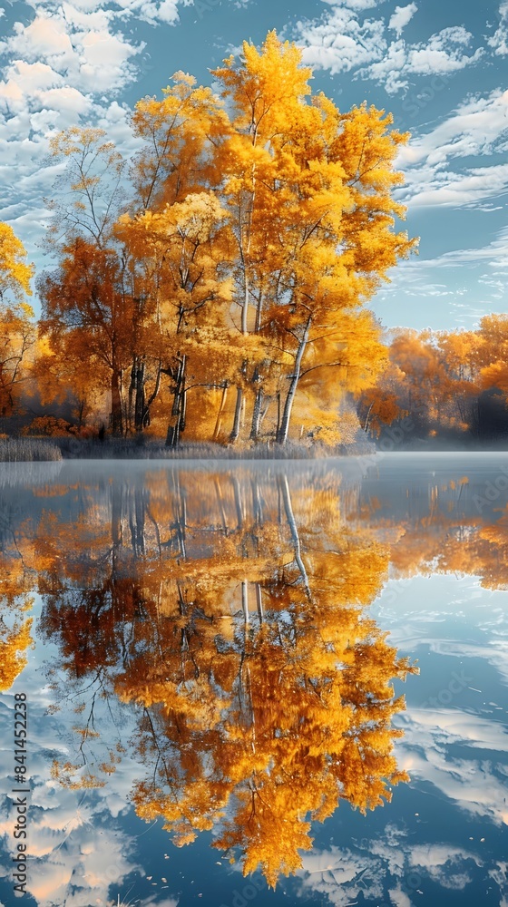 Wall mural serene autumn landscape with reflected golden trees and wispy clouds