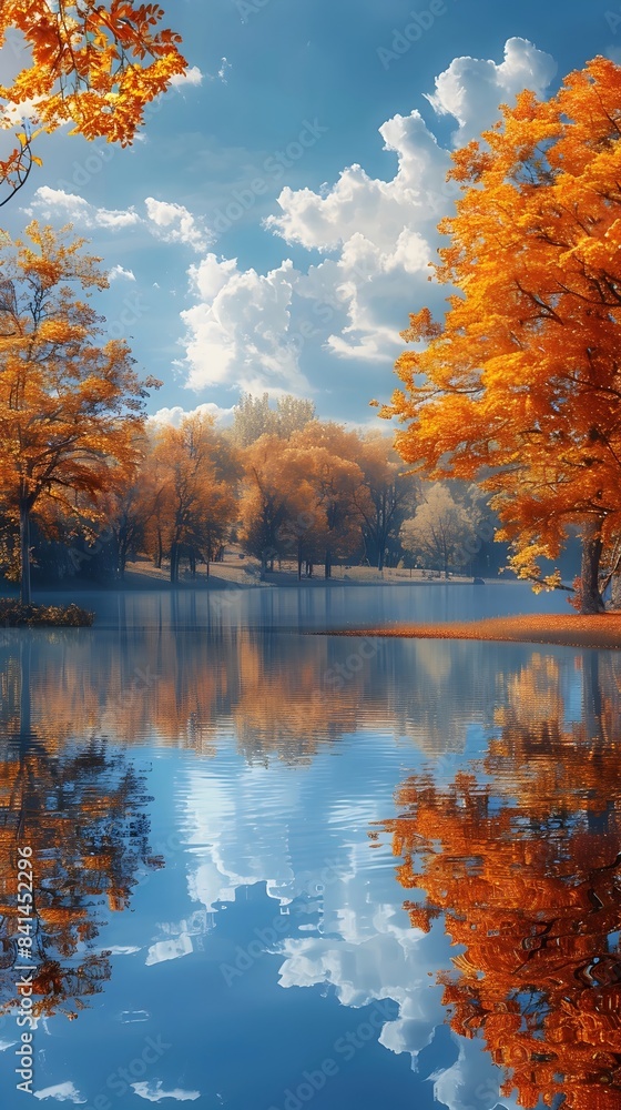 Wall mural Serene Autumn Landscape with Golden Trees Reflecting in Tranquil Lake under Wispy Clouds