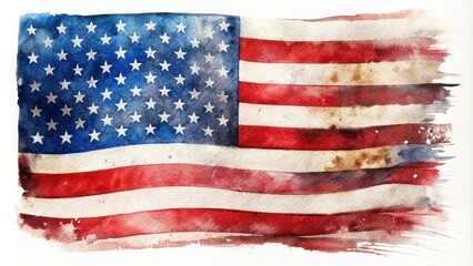 Fototapeta premium Watercolor illustration of the map of the USA filled with the American flag