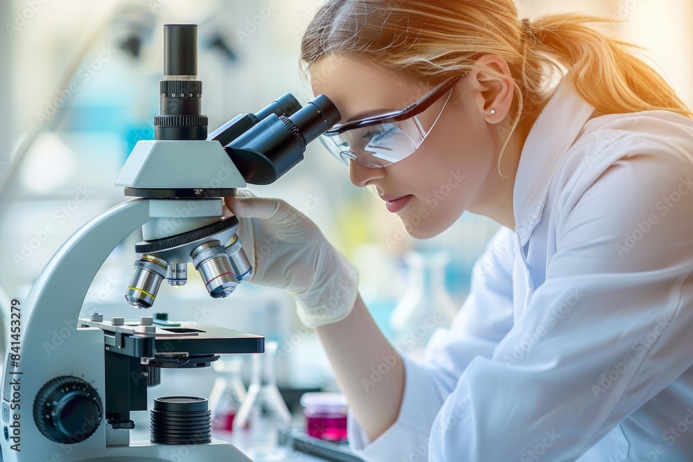 Poster focused female scientist using microscope in advanced lab for precision scientific research