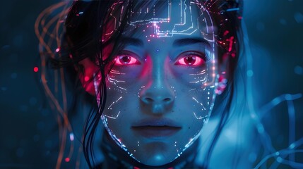 Striking Neon Cyberhuman Portrait with Augmented Form, Luminescent LED Eyes, and Swirling Halo against Dark Background