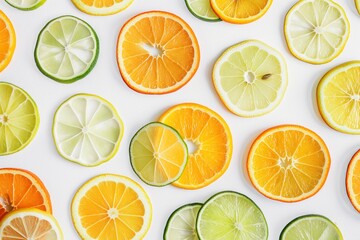 Fototapeta premium Colorful slices of citrus fruit are laying on a white background, creating a cheerful and healthy food pattern. This image is ideal for projects related to food, health, and wellness