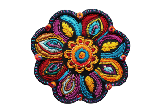 Vibrant, intricately embroidered mandala in multiple colors; showcases detailed craftsmanship and artistic embroidery.
