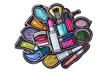 Obraz premium Colorful illustration of various makeup products, including brushes, lipstick, and eyeshadow. Perfect for beauty and fashion concepts.