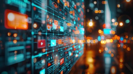 A computer screen with many icons and a blurry background. futuristic background