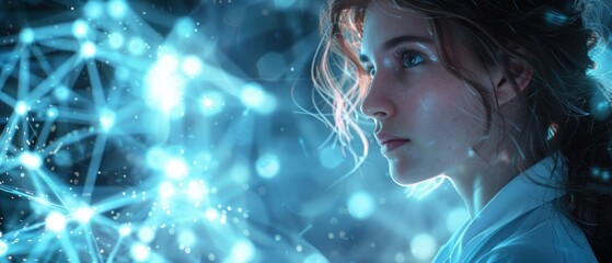 Illustrate a young medical expert in a lab coat, seamlessly interacting with a dynamic, particle-based high-tech background