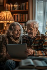Thoughtful Senior Couple Video Conferencing in Cozy Home Interior with Muted Aesthetic