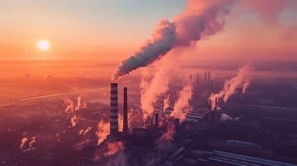 Top view of an industrial zone with heavy smoke obscuring the view at the crack of dawn