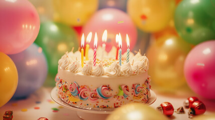 A birthday cake with candles burning brightly, placed on a table with colorful balloons floating in the background, capturing a festive moment. Ai generated