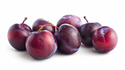 Fototapeta premium A cluster of ripe, plum-colored plums neatly arranged on a pristine white surface. Ai generated