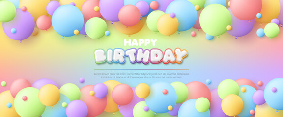 3D Happy birthday with colorful balloon on rainbow background for kids zone, children's ball playroom, baby birthday party event, kid sale banner, flyer, advertising, social media, backdrop, wallpaper
