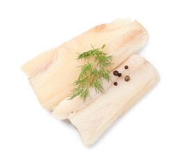 Pieces of raw cod fish, dill and peppercorns isolated on white, top view