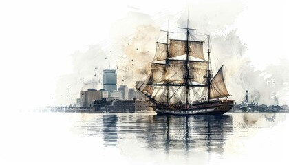 Watercolor painting of an old sailing ship with a city skyline in the background, reflecting on the calm water.