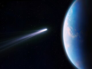 A comet is approaching Earth. Celestial body against the background of a blue planet. An asteroid may collide with a planet.