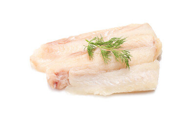 Pieces of raw cod fish and dill isolated on white