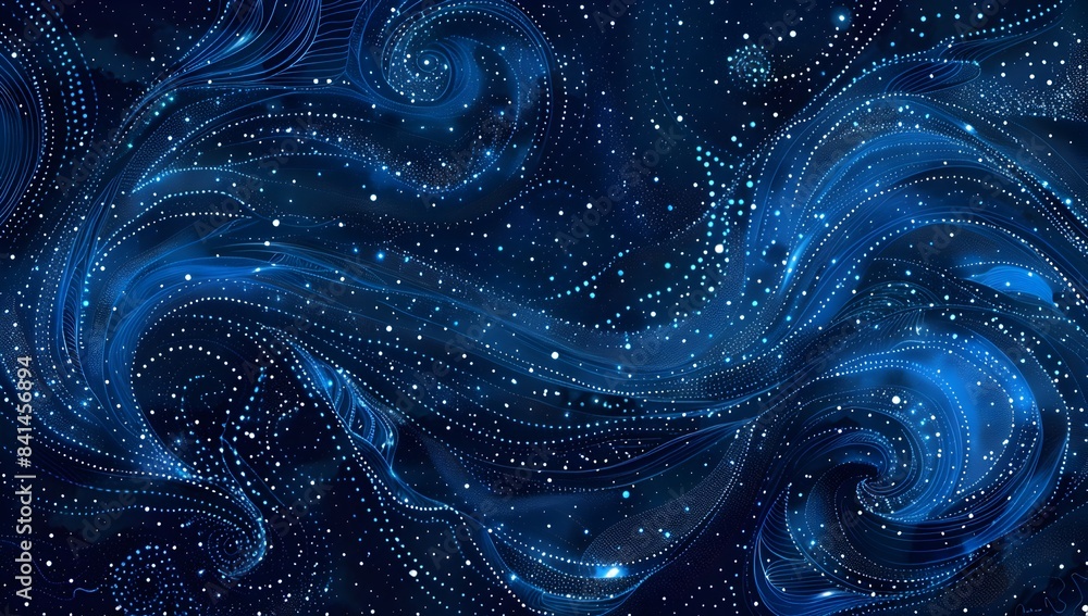 Poster a starry night sky with swirling patterns of dots and lines in shades of blue, creating an abstract 