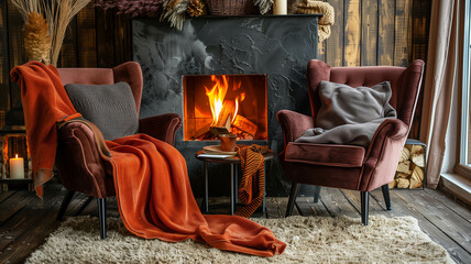 Fototapeta premium A cozy fireplace with two armchairs placed nearby, adorned with plush blankets and pillows, perfect for a romantic evening in. Ai generated