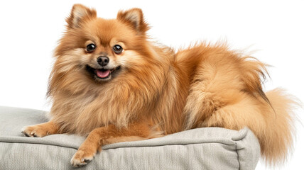 Obraz premium A fluffy Pomeranian dog sitting on a cushioned chair near a window, isolated on a white background. Ai generated