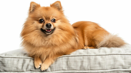 Obraz premium A fluffy Pomeranian dog sitting on a cushioned chair near a window, isolated on a white background. Ai generated