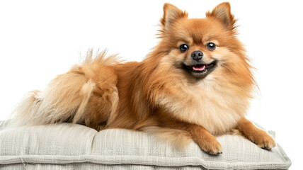 Obraz premium A fluffy Pomeranian dog sitting on a cushioned chair near a window, isolated on a white background. Ai generated